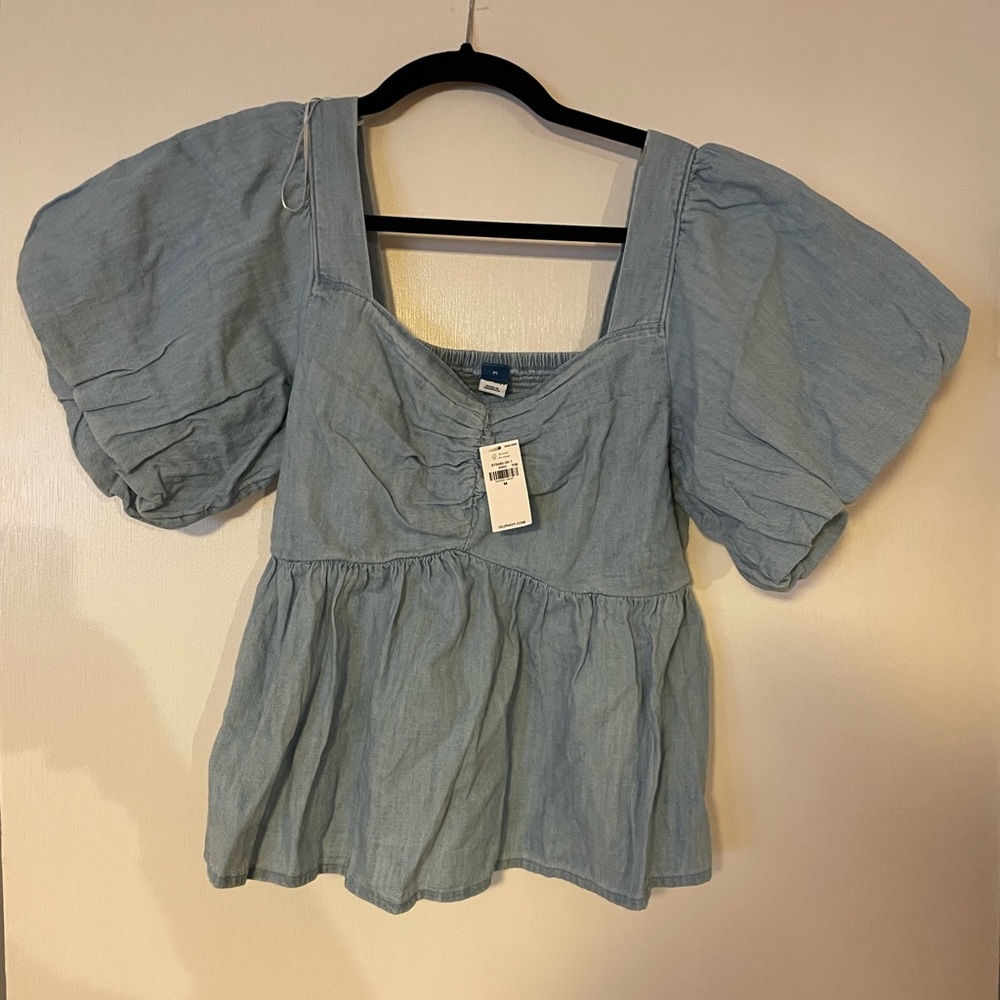 Old Navy Chambray Puff-Sleeve Waist-Defined Top